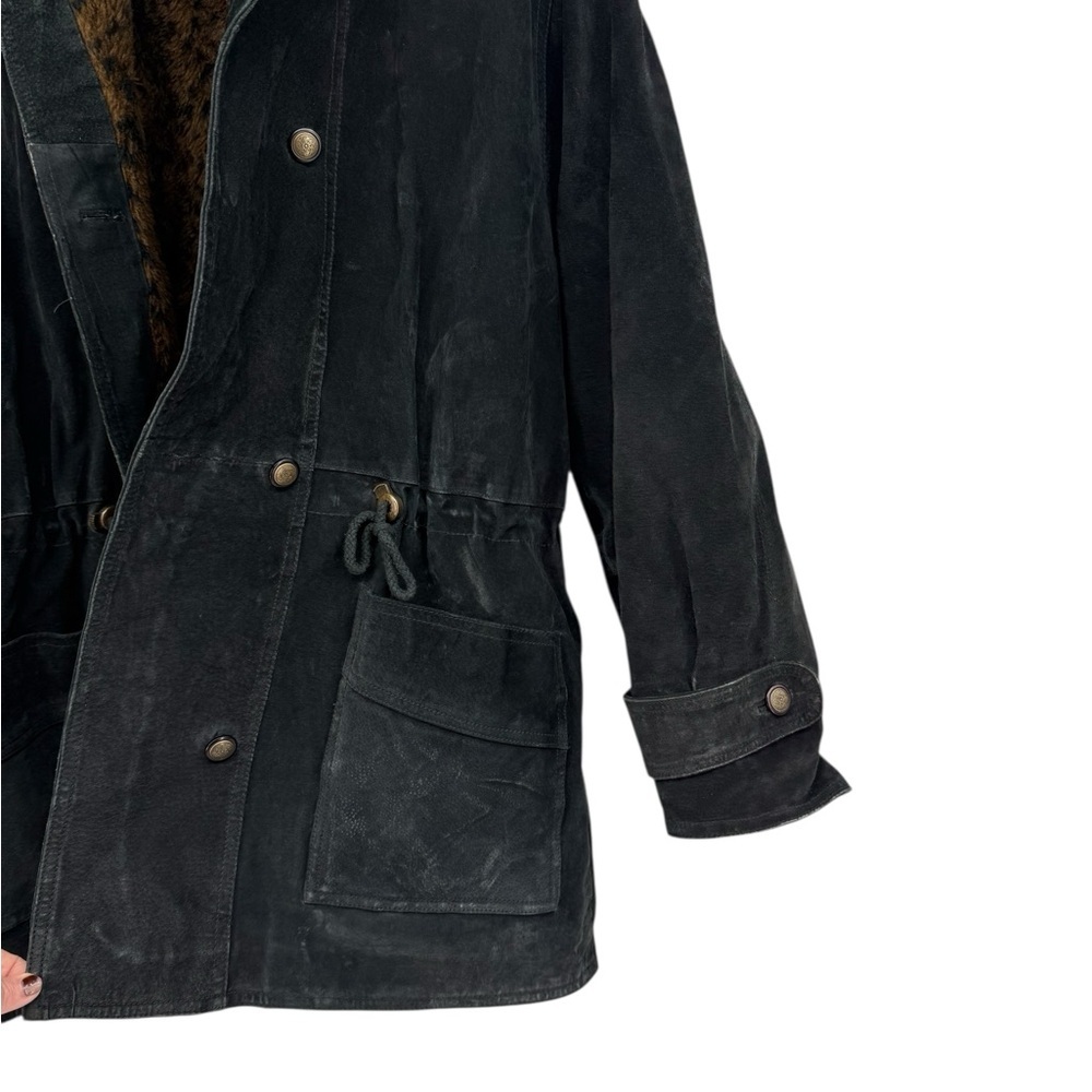 Charles Klein Vintage Leather Leopard Faux Fur Hooded Parka Coat Medium Cinched - Picture 5 of 15